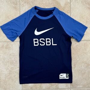 Nike Dri-FIT Baseball T-shirt
Size: Youth Small
Color: Blue/White